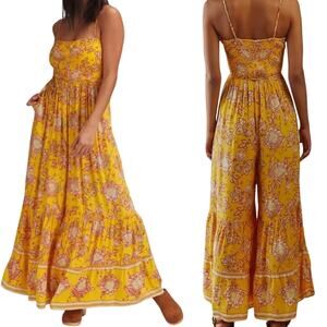 Free People Jumpsuit Wide Leg Smocked Bodice Paisley Floral Yellow Womens Medium